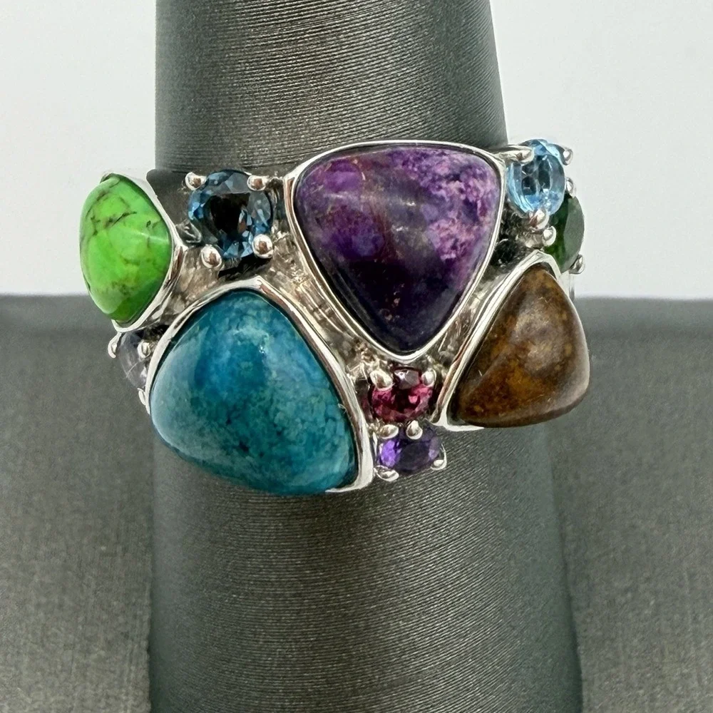 Vtg Lorenzo Sterling Silver Multi Gemstone Ring Turquoise Chrome Diopside QVC S7